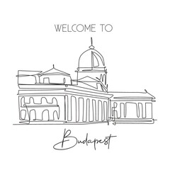 Naklejka premium One single line drawing Buda Castle landmark. World famous iconic palace in Budapest Hungary. Tourism travel postcard wall decor poster print concept. Continuous line draw design vector illustration