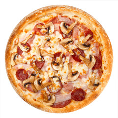 Delicious classic italian pizza with Mozzarella, bacon, ham ,pepperoni sausage and mushrooms