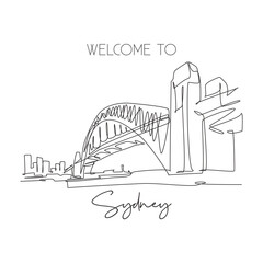 One continuous line drawing Sydney Harbour Bridge landmark. Great bridge in Australia. Holiday vacation tourism home wall decor poster print concept. Modern single line draw design vector illustration