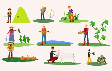 Set of farmer people working, planting, gathering harvest, collecting water melons,   carrying fruits, milking cow, working on tractor. Flat  vector illustration