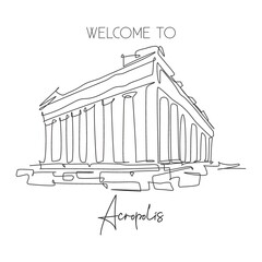 One single line drawing Acropolis temple landmark. World famous ruin in Athens, Greek. Tourism travel postcard home wall decor poster concept. Modern continuous line draw design vector illustration