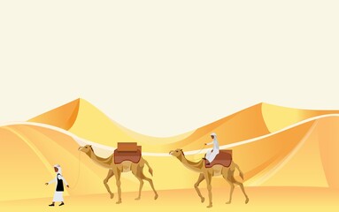 Caravan of nomad arabians on camels walking among sand barhans  in desert vector.
