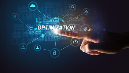 Obraz premium Hand touching OPTIMIZATION inscription, Cybersecurity concept