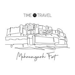 One single line drawing Mehrangarh Fort landmark. Famous historic place in Jodhpur India. Tourism travel home wall decor poster postcard concept. Modern continuous line draw design vector illustration