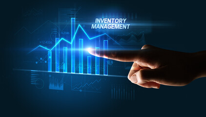 Hand touching INVENTORY MANAGEMENT button, business concept