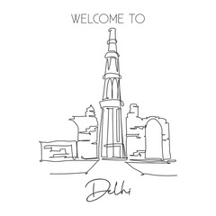 One continuous line drawing Qutub Minar mosque landmark. Holy islamic place in Delhi, India. Holiday vacation home wall decor poster print concept. Modern single line draw design vector illustration