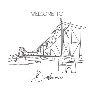 Single Continuous Line Drawing Story Bridge Landmark. Beautiful Famous Place In Brisbane, Australia. World Travel Home Wall Decor Poster Art Concept. Modern One Line Draw Design Vector Illustration