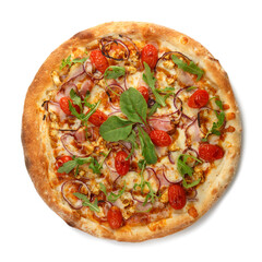 Delicious classic italian pizza with Mozzarella, peppers, tomatoes, onions, olives and arugula