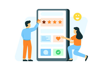women and men giving feedback using the mobile app. Reviews of people on the smartphone screen.