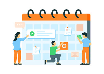 illustration of schedule planning concept, group of people make timeline and notes on calendar