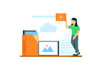 illustration concept of file management, women hold video files and organize folders