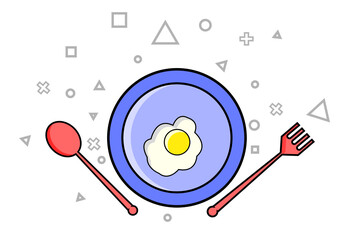 illustration of a fork and spoon. A plate with omelette on it. An illustration showing the lunch time. An illustration with blue coloured plate and red coloured spoon and fork.