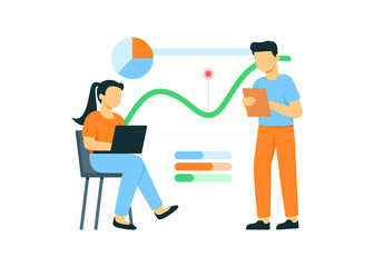 Business analyzing  illustration concept, woman sitting with laptop and man standing holding file in front of data chart on board