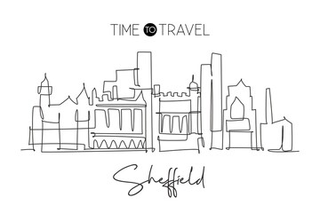 One continuous line drawing of Sheffield city skyline. Beautiful city skyscraper. World landscape tourism travel vacation wall decor poster concept. Trendy single line draw design vector illustration