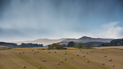 Perthshire and Kinross landscape after harvest - golden fields, straw bales, misty mountains in background