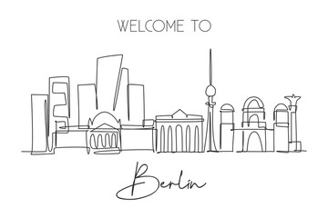 One continuous line drawing Berlin city skyline. Beautiful city skyscraper landscape. World home decor wall art poster art tourism travel vacation concept. Single line draw design vector illustration © Simple Line