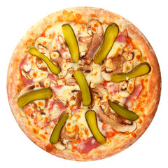 Delicious classic italian pizza with Mozzarella, ham ,mushrooms and pickled cucumbers