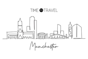 Fototapeta na wymiar One single line drawing of Manchester city skyline. City skyscraper landscape in world. Best destination holiday wall decor poster art vacation concept. Continuous line draw design vector illustration