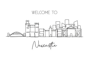 One continuous line drawing of Newcastle city skyline. Beautiful city skyscraper world landscape tourism travel vacation home wall decor poster art concept. Single line draw design vector illustration