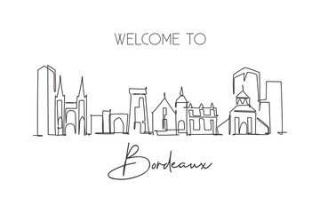 Fototapeta na wymiar One single line drawing of Bordeaux city skyline, France. Historical skyscraper landscape in world. Best holiday home wall decor poster art destination. Continuous line draw design vector illustration