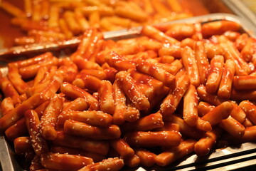 close up Korean Topokki (rice cake). Traditional Korean snack