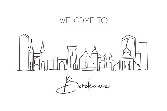 One single line drawing of Bordeaux city skyline, France. Historical skyscraper landscape in world. Best holiday home wall decor poster art destination. Continuous line draw design vector illustration