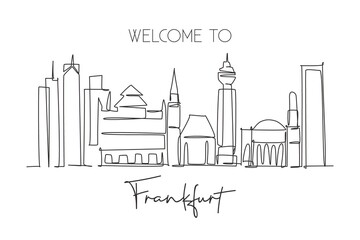 Single continuous line drawing of Frankfurt city skyline, Germany. Famous skyscraper landscape. World travel wall decor home art poster print concept. Modern one line draw design vector illustration - obrazy, fototapety, plakaty