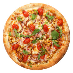 Delicious classic italian pizza with Mozzarella, peppers, tomatoes, onions, olives and arugula