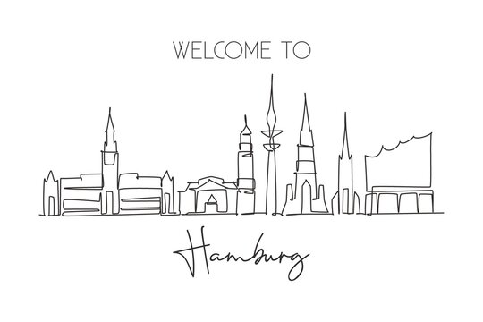 One continuous line drawing of Hamburg city skyline, Germany. Beautiful skyscraper. World landscape tourism travel wall decor poster print concept. Stylish single line draw design vector illustration
