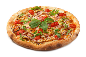 Delicious classic italian pizza with Mozzarella, peppers, tomatoes, onions, olives and arugula