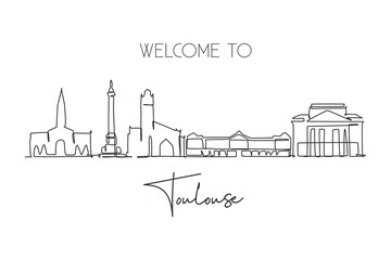 One continuous line drawing of Toulouse city skyline, France. Beautiful skyscraper postcard. World landscape tourism travel vacation wall decor poster art. Single line draw design vector illustration