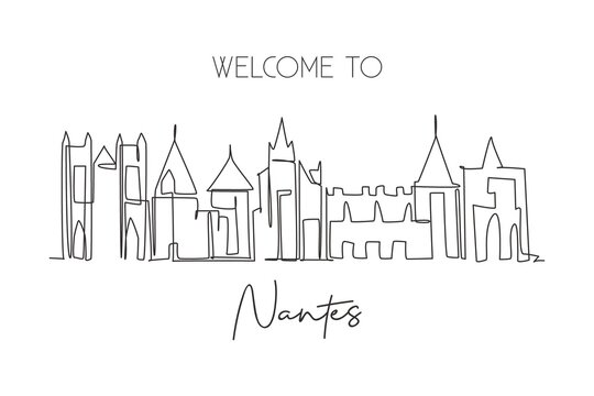 One continuous line drawing of Nantes city skyline, France. Beautiful city skyscraper. World landscape tourism travel wall decor poster art concept. Stylish single line draw design vector illustration