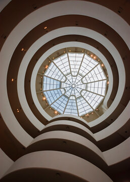 New York, United States of America - December 8, 2019. The atrium of the famous Guggenheim Museum in the 5th Avenue in New York City. 