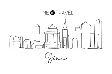 Fototapeta premium One single line drawing of Genoa city skyline, Italy. Historical skyscraper landscape in world. Best holiday destination wall decor poster print. Trendy continuous line draw design vector illustration