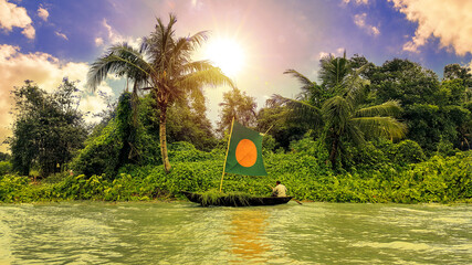 A fishermen fishing on a small boat collecting green plants and fishes for sell, from The Padma river in  Bangladesh.  Nice blue sky with clouds and bright sun shining across green beautiful forest. © Ashikur