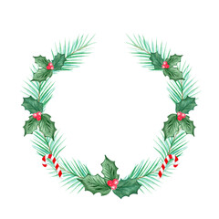 watercolor green christmas wreath with holly isolated on white background. Hand drawn illustration