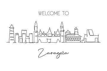 One continuous line drawing Zaragoza city skyline Spain. Beautiful skyscraper postcard. World landscape tourism travel vacation wall decor poster concept. Single line draw design vector illustration - obrazy, fototapety, plakaty
