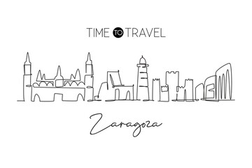 Fototapeta na wymiar One single line drawing of Zaragoza city skyline, Spain. Historical skyscraper landscape in the world. Best holiday destination wall decor poster print. Continuous line draw design vector illustration