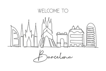 One single line drawing of Barcelona city skyline, Spain. Historical skyscraper landscape in world postcard. Best holiday destination wall decor poster. Continuous line draw design vector illustration - obrazy, fototapety, plakaty