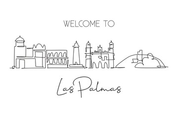 Obraz premium One single line drawing of Las Palmas city skyline Spain. Historical skyscraper landscape in world postcard. Best holiday destination wall decor poster. Continuous line draw design vector illustration