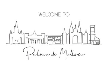 One single line drawing of Palma de Mallorca city skyline Spain. Historical skyscraper landscape in world. Best holiday destination wall decor poster. Continuous line draw design vector illustration © Simple Line
