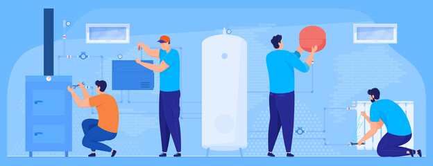 Fototapeta premium Plumbing work. Repair of heating system, boiler, heating batteries, boiler. Vector illustration
