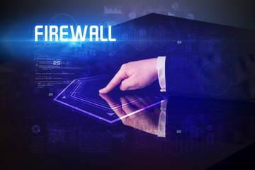 Hand touching digital table with FIREWALL inscription, new age security concept