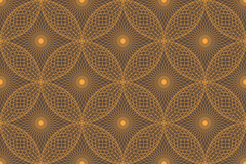 Seamless, abstract background pattern made with repeated lines forming geometric (circles) shapes. Mandala style, decorative vector art in yellow and grey colors.