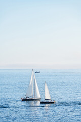 Fototapeta premium Two sailboats and a ferry enter and depart from the Ria de Pontevedra in Galicia at dusk.