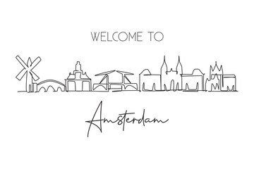 Single continuous line drawing of Amsterdam city skyline, Netherlands. Famous skyscraper landscape postcard. World travel wall decor poster art concept. Modern one line draw design vector illustration - obrazy, fototapety, plakaty