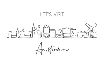 One single line drawing of Amsterdam city skyline, Netherlands. Historical skyscraper landscape in world. Best holiday destination wall decor poster. Continuous line draw design vector illustration - obrazy, fototapety, plakaty