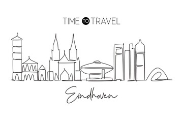 One single line drawing of Eindhoven city skyline, Netherlands. Historical skyscraper landscape in world. Best holiday destination wall decor poster. Continuous line draw design vector illustration