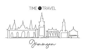 Single continuous line drawing of Groningen city skyline, Netherlands. Famous skyscraper and landscape postcard. World travel concept wall decor poster. Modern one line draw design vector illustration