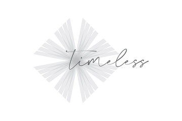 Simple, modern and elegant graphic design of a word "Timeless" with rhomboidal geometric shape in grey color. Handwritten, calligraphic typography.